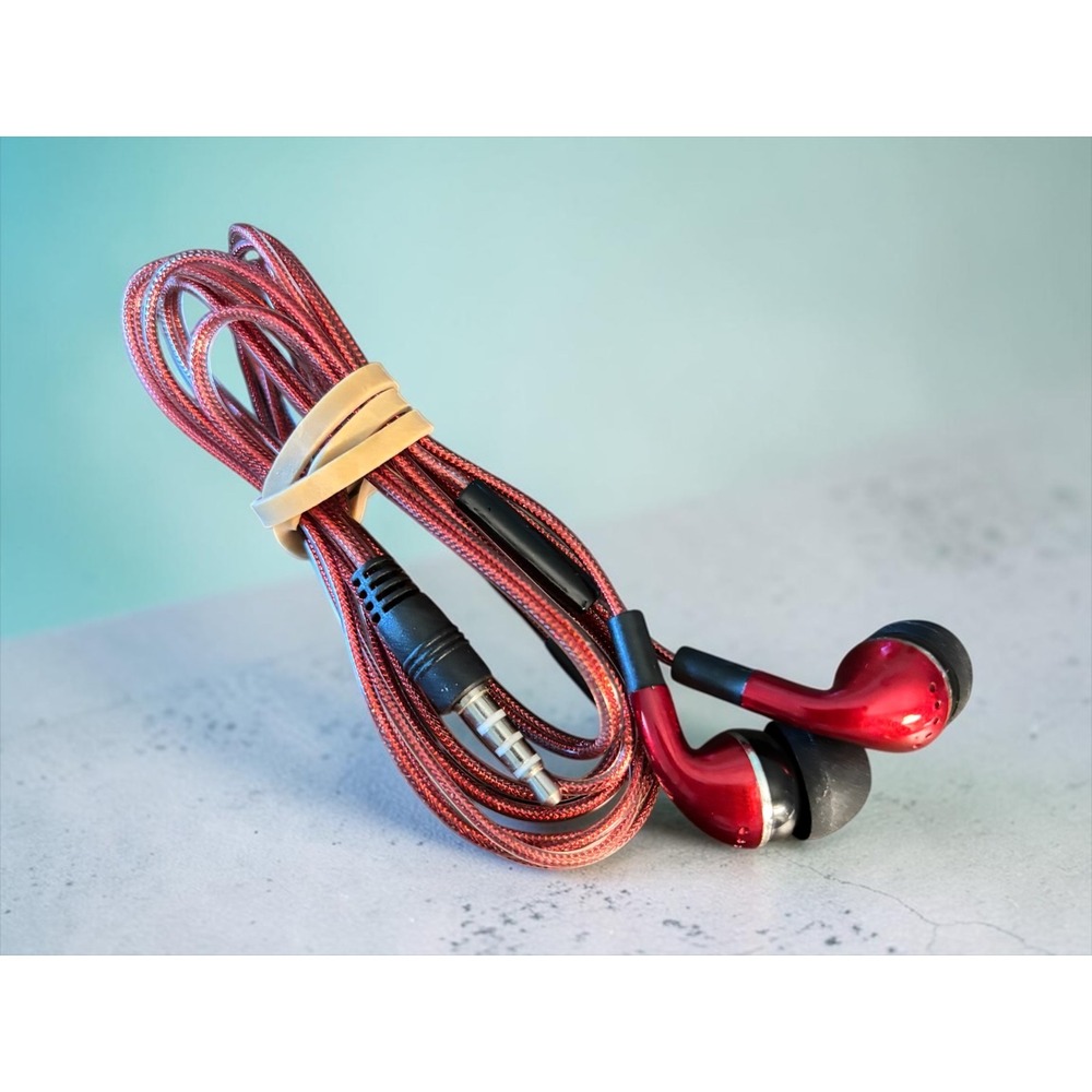 Red Wired In Ear Earbuds with Braided Cable and Inline Microphone 3.5mm Jack